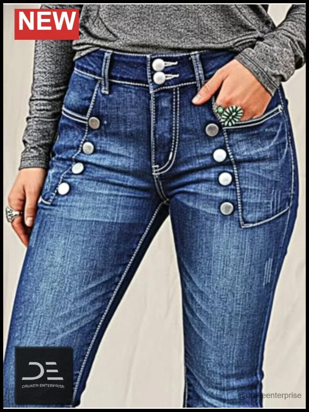 Bootcut Mid Waist Sailor Button Patch Pocket Denim Jeans
